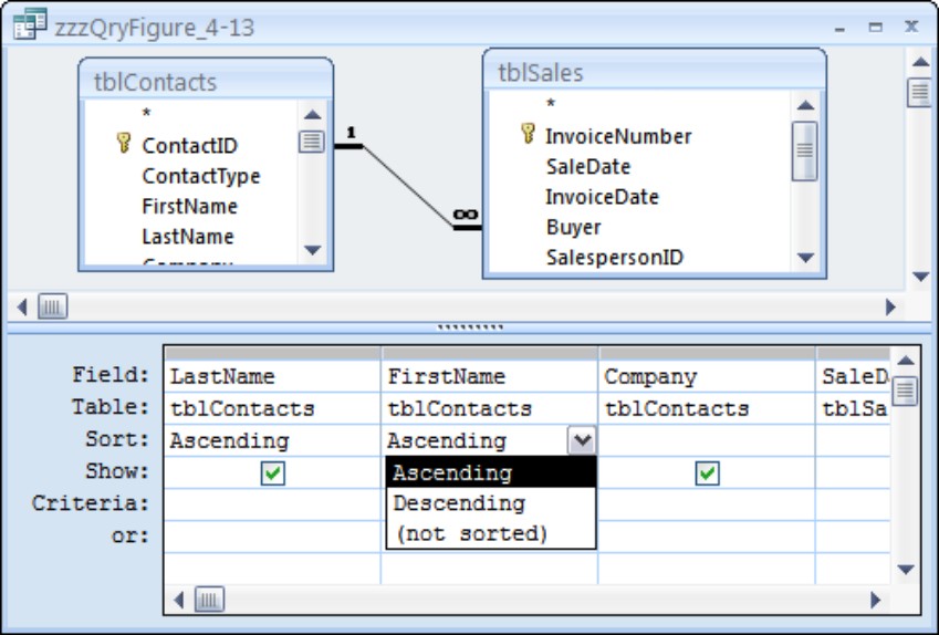 An ascending sort has been specified for the LastName and FirstName fields.